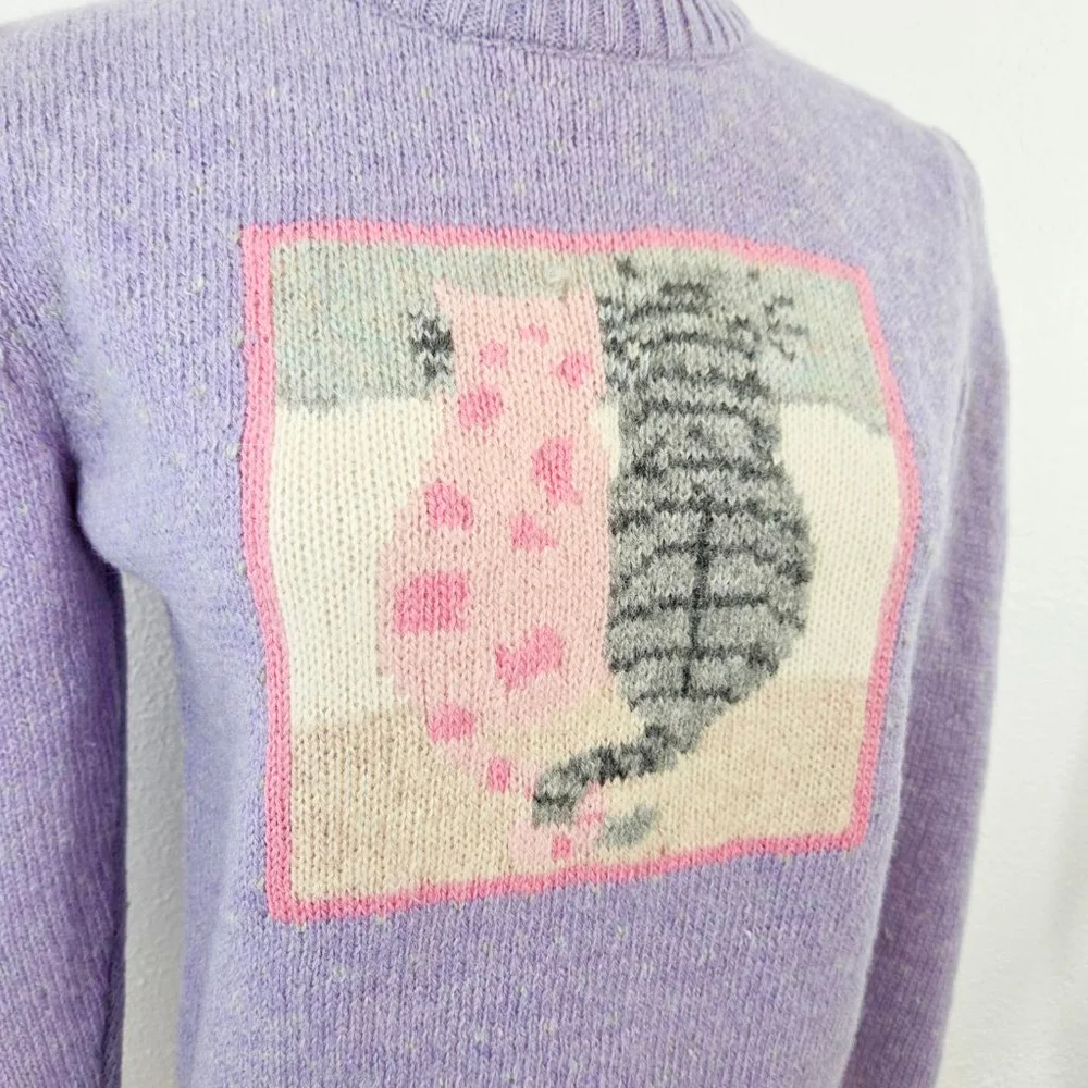 Vintage pastel purple pink kitty cat sweater puff sleeves fairy kei kawaii FLAW